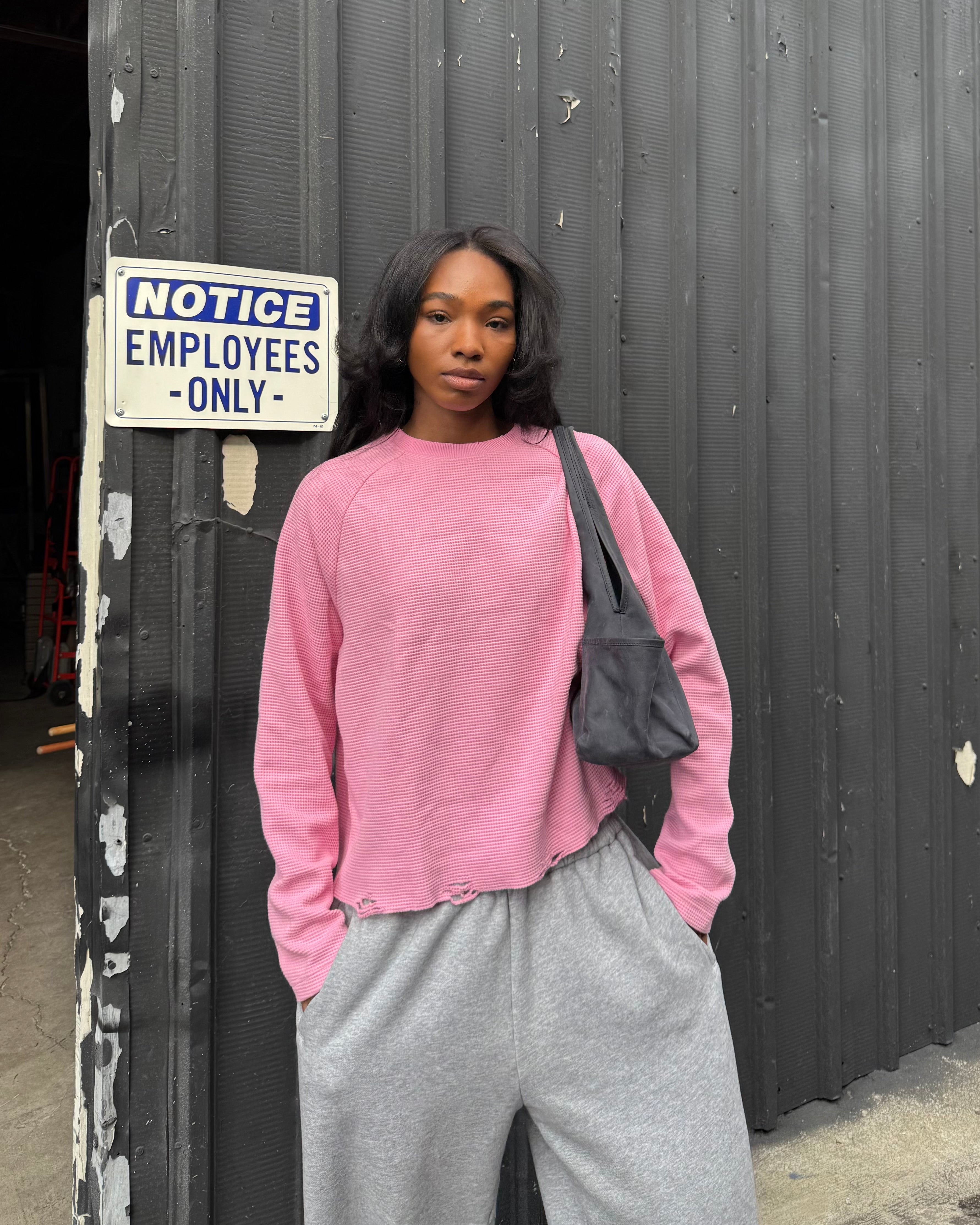 Raglan Waffle Knit Thermal - Pink