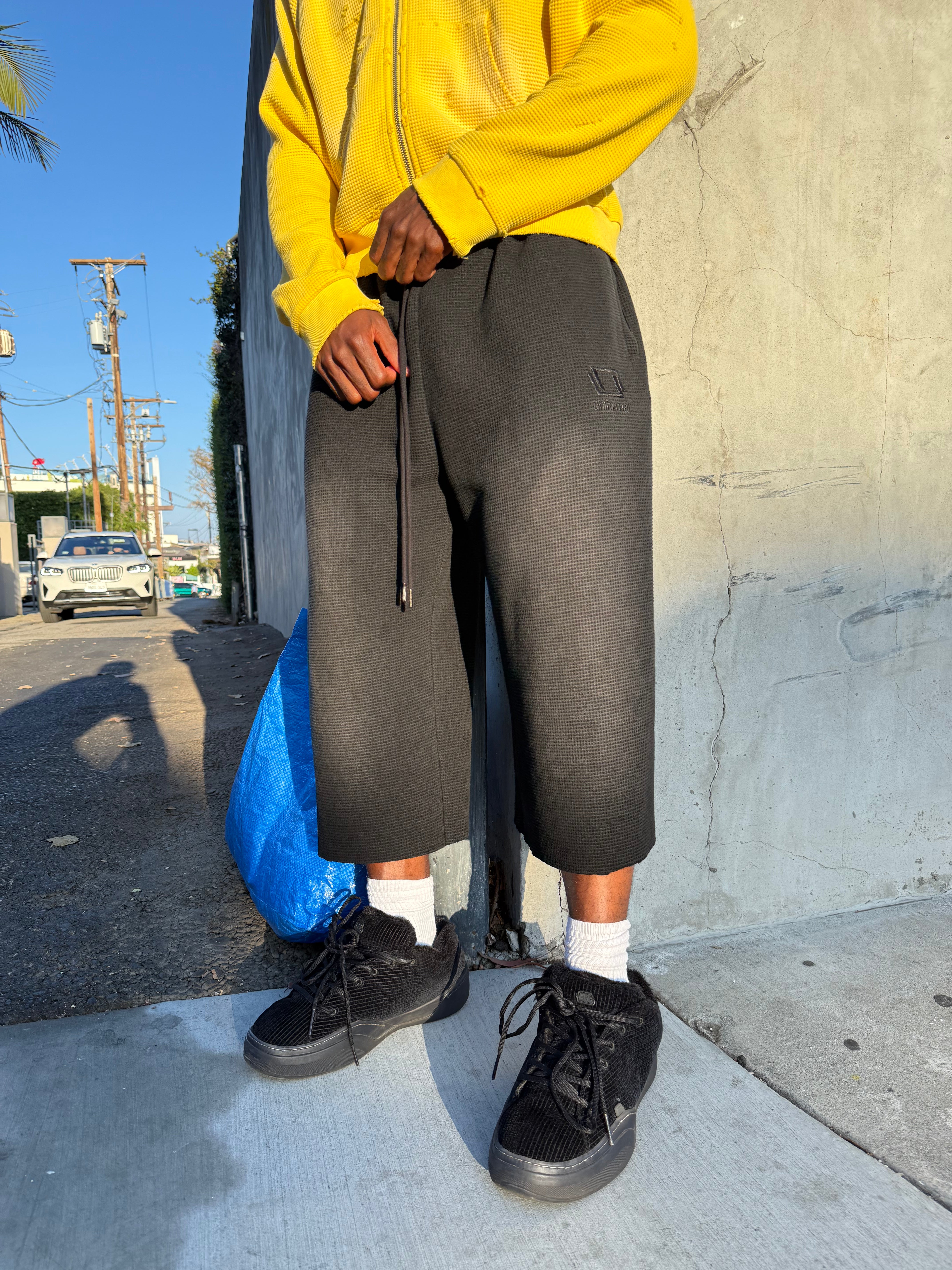 Baggy Waffle Knit Capris - Washed Black