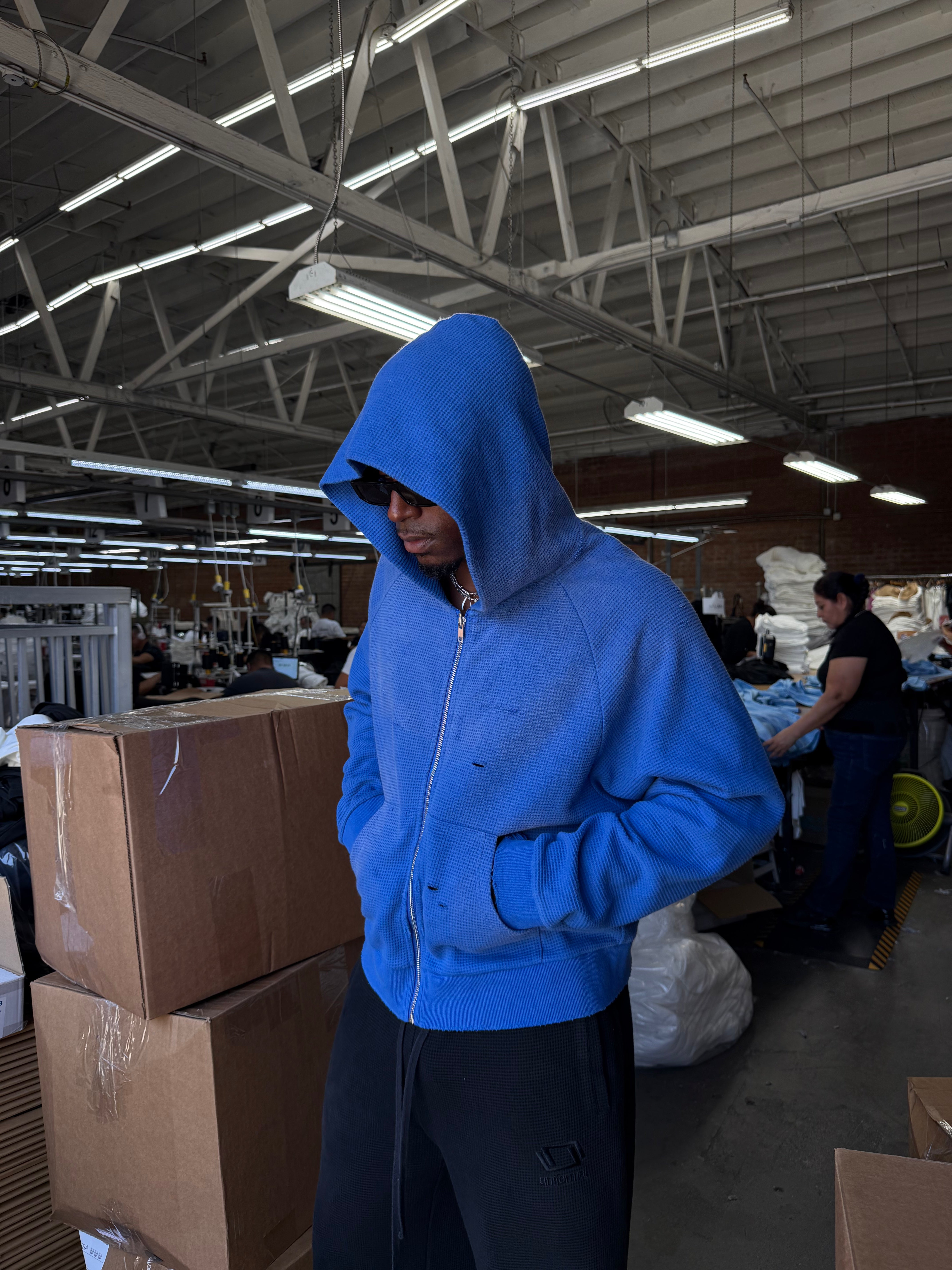 Waffle Knit Hoodie - Ocean Blue